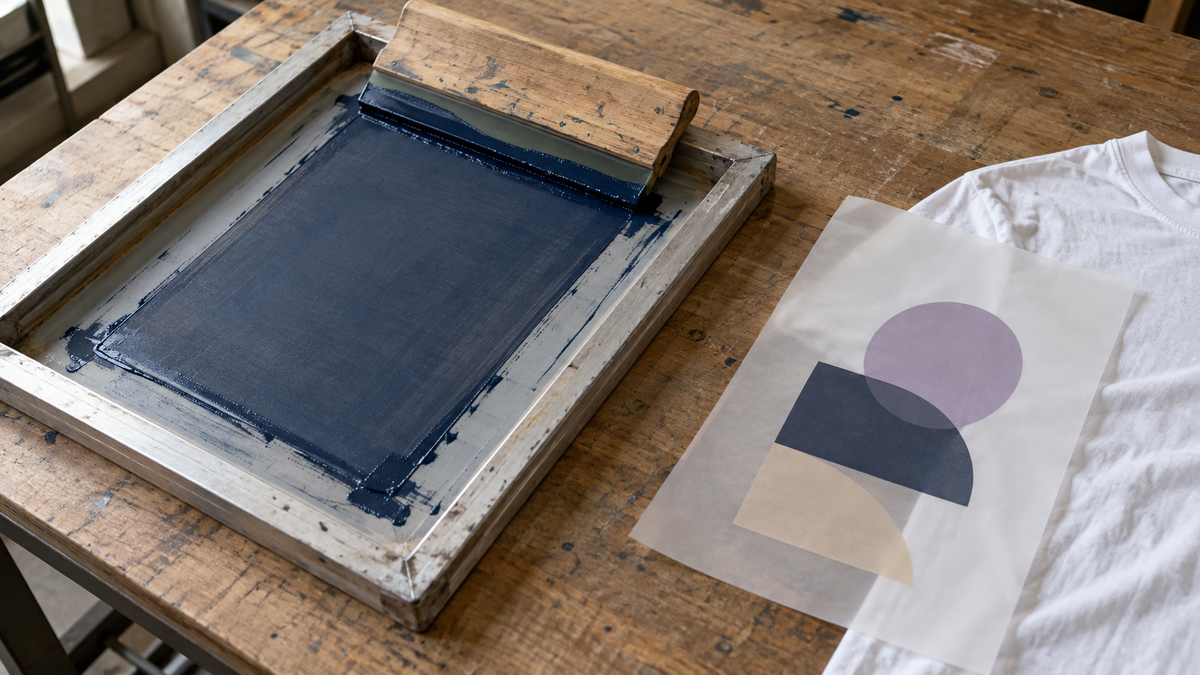 Screen-printing frame and squeegee beside a DTF transfer sheet and white cotton shirt