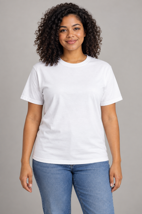 AI-generated model styling reference in white; illustrative, not an exact Gildan fit